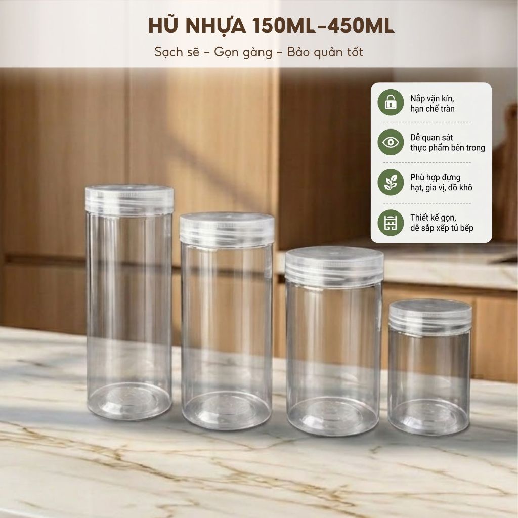 COMBO 5 HŨ NHỰA PET PHI 75 DUNG TÍCH 200-600ML - HŨ ĐỰNG HẠT, MẬT ONG, BÁNH KẸO, TRÁI CÂY SẤY, THỰC PHẨM KHÔ