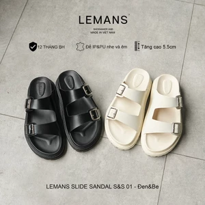 Dép LEMANS SLIDE SANDAL 3.S&S01 - Đen&Be tăng cao, đế 2 lớp cao 5.5cm, mũ may 3 lớp BH 12T