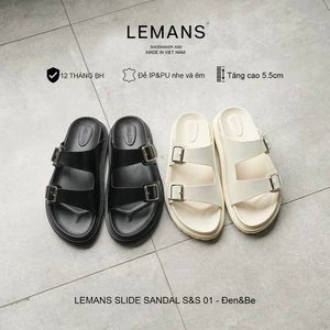 SS01.2 - Dép LEMANS SLIDE SANDAL tăng cao Đen&Be, đế 2 lớp cao 5.5cm, mũ may 3 lớp, BH 12T