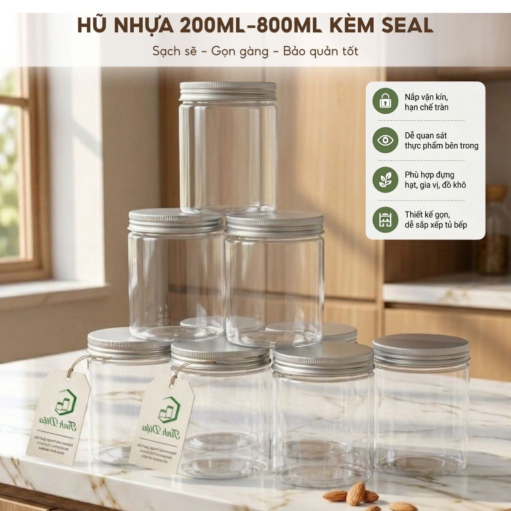 COMBO 5 HŨ NHỰA PET PHI 85 DUNG TÍCH 250-1050ML - HŨ ĐỰNG HẠT, BÁNH KẸO, TRÁI CÂY SẤY, THỰC PHẨM KHÔ