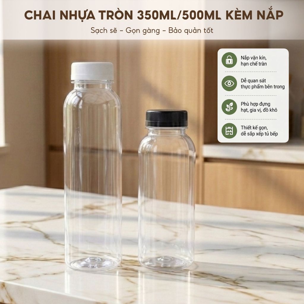 COMBO 5 Chai Nhựa PET Tròn 350ml/500ml – Chai Đựng Trà Sữa, Nước Ép, Detox, Sữa Hạt Kèm Nắp