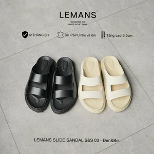 S&S03.2 - Dép LEMANS SLIDE SANDAL tăng cao Đen&Be, đế 2 lớp cao 5.5cm, mũ may 3 lớp, Bảo hành chính hãng 12 tháng