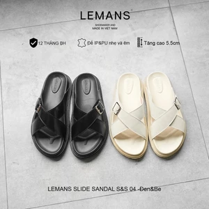 Dép nam LEMANS SLIDE SANDAL tăng cao Đen&Be quai chéo, đế 2 lớp cao 5.5cm, mũ may 3 lớp, BH 12T