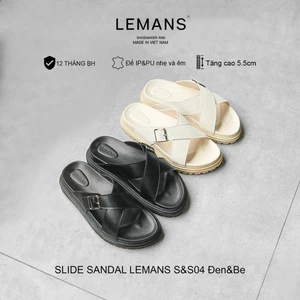 Dép nam LEMANS SLIDE SANDAL SS04.4 - Đen&Be quai chéo, đế 2 lớp cao 5.5cm, mũ may 3 lớp, BH 12T