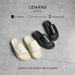 Dép LEMANS SLIDE SANDAL 3.S&S05 - Black tăng cao, đế 2 lớp cao 5.5cm, mũ may 3 lớp quai ngang dán, Bảo hành 12 tháng
