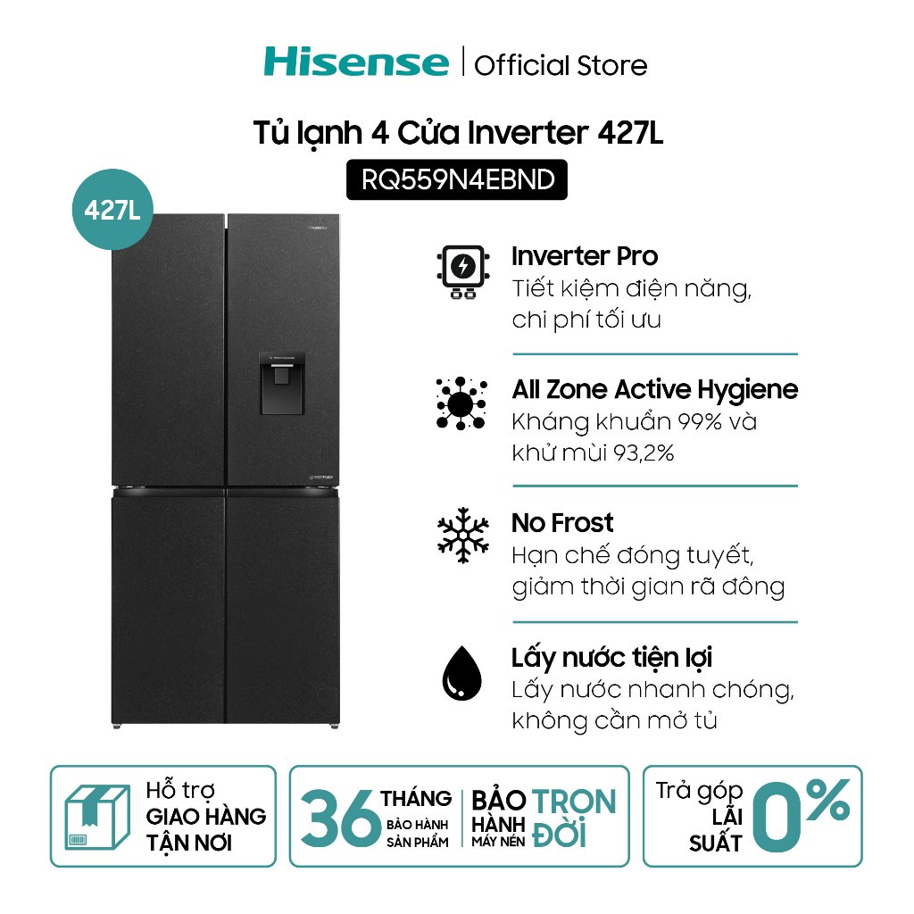 Tủ lạnh Hisense 4 Cửa Inverter 427L RQ559N4EBND - Tiết kiệm | Lấy nước ngoài | Khử mùi - BH 3 Năm - Miễn Phí Giao Hàng