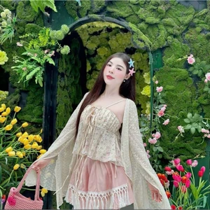 SET ÁO HAI DÂY HOA NƠ PHỐI CARDIGAN CHẤM BI VÀ CHÂN VÁY, SET ĐỒ NỮ BÁNH BÈO DỊU DÀNG | MEOINDAH