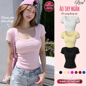 Áo Thun Nữ RUSY Cổ Vuông Tay Ngắn Vải Borip Mềm Mịn Co Giãn 4 Chiều Ôm Body Tôn Dáng Basic TN06