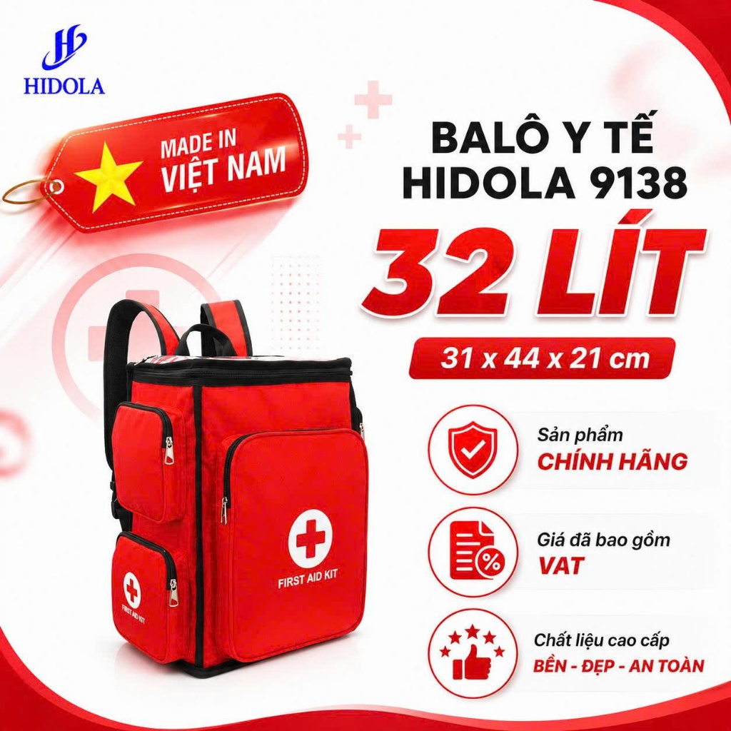Balo Y Tế HIDOLA Balo Sơ Cứu Thương Vải Lưới 3 Lớp Có Quai Xách Và Đệm Vai Dung Tích 32 LÍT, 9138