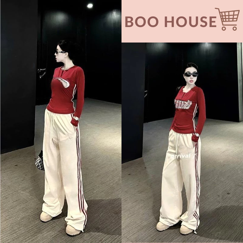 Set đồ nữ áo body dài tay bad blood mix quần ống suông phối kẻ Boo House, đồ bộ nữ thu đông phong cách thể thao HCOM3228