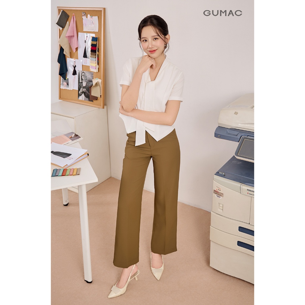 Quần tây nữ GUMAC ống suông đen nâu lưng phối dây khoen tôn dáng  QF08024