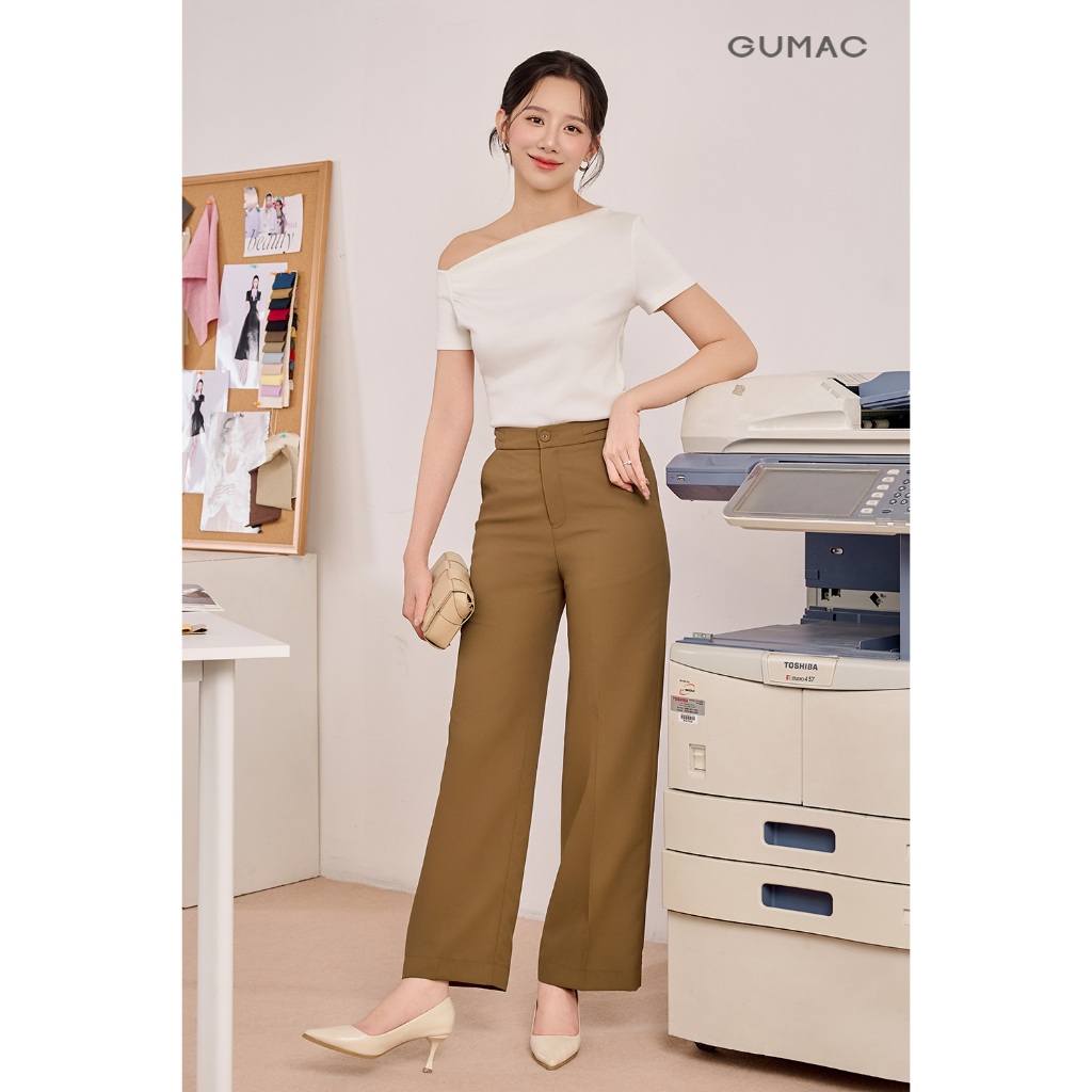 Quần tây nữ GUMAC ống suông đen nâu lưng phối dây khoen tôn dáng  QF08024