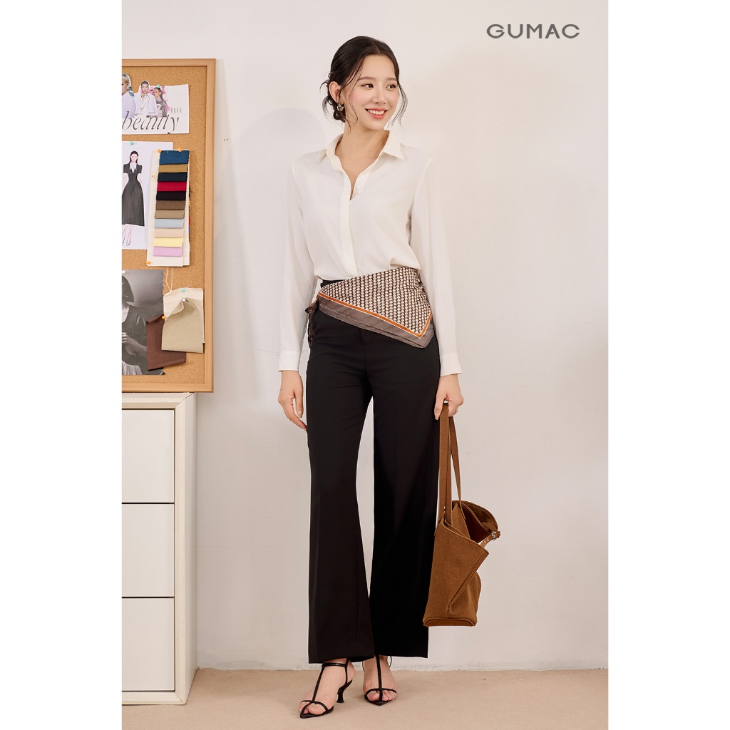 Quần tây nữ GUMAC ống suông đen nâu lưng phối dây khoen tôn dáng  QF08024