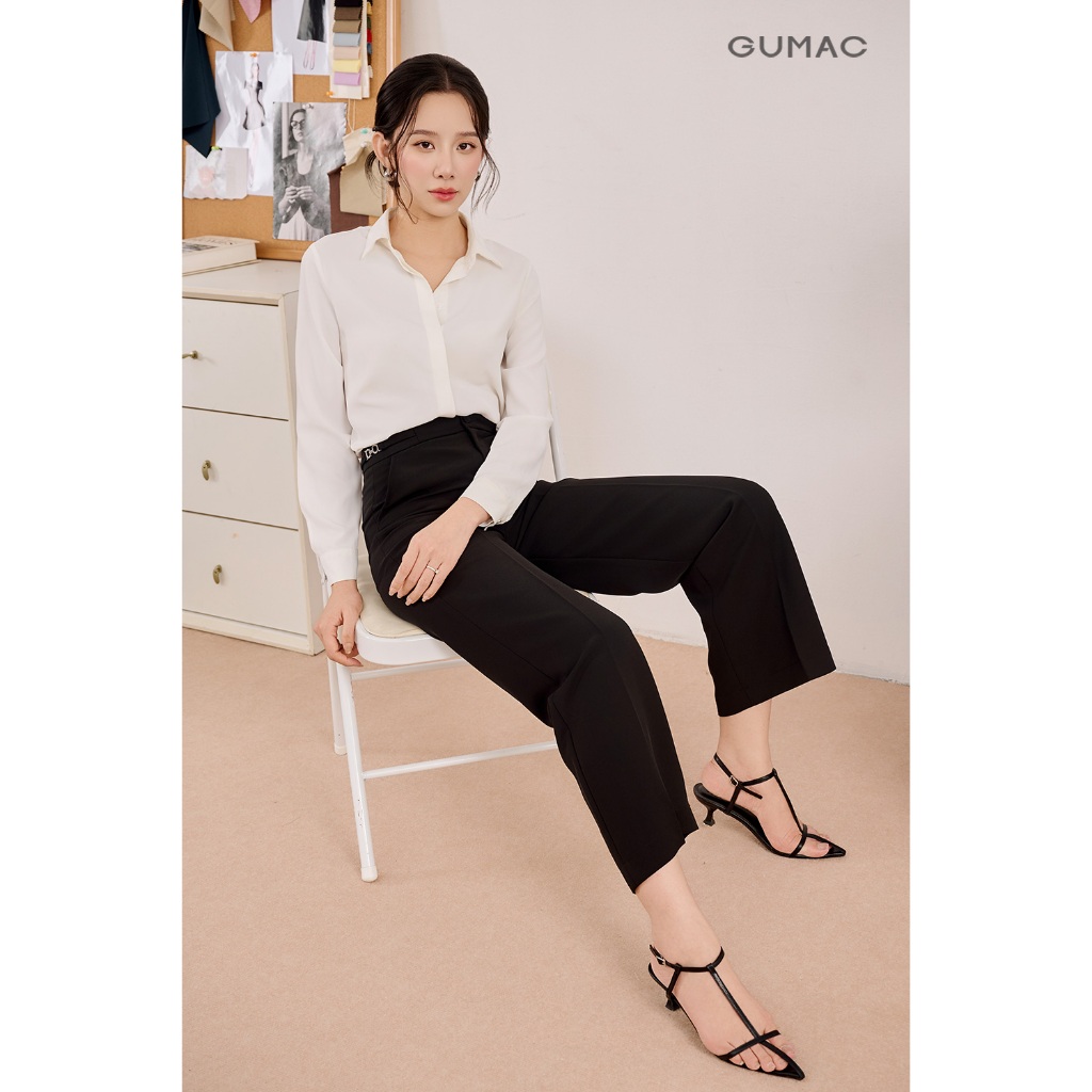 Quần tây nữ GUMAC ống suông đen nâu lưng phối dây khoen tôn dáng  QF08024