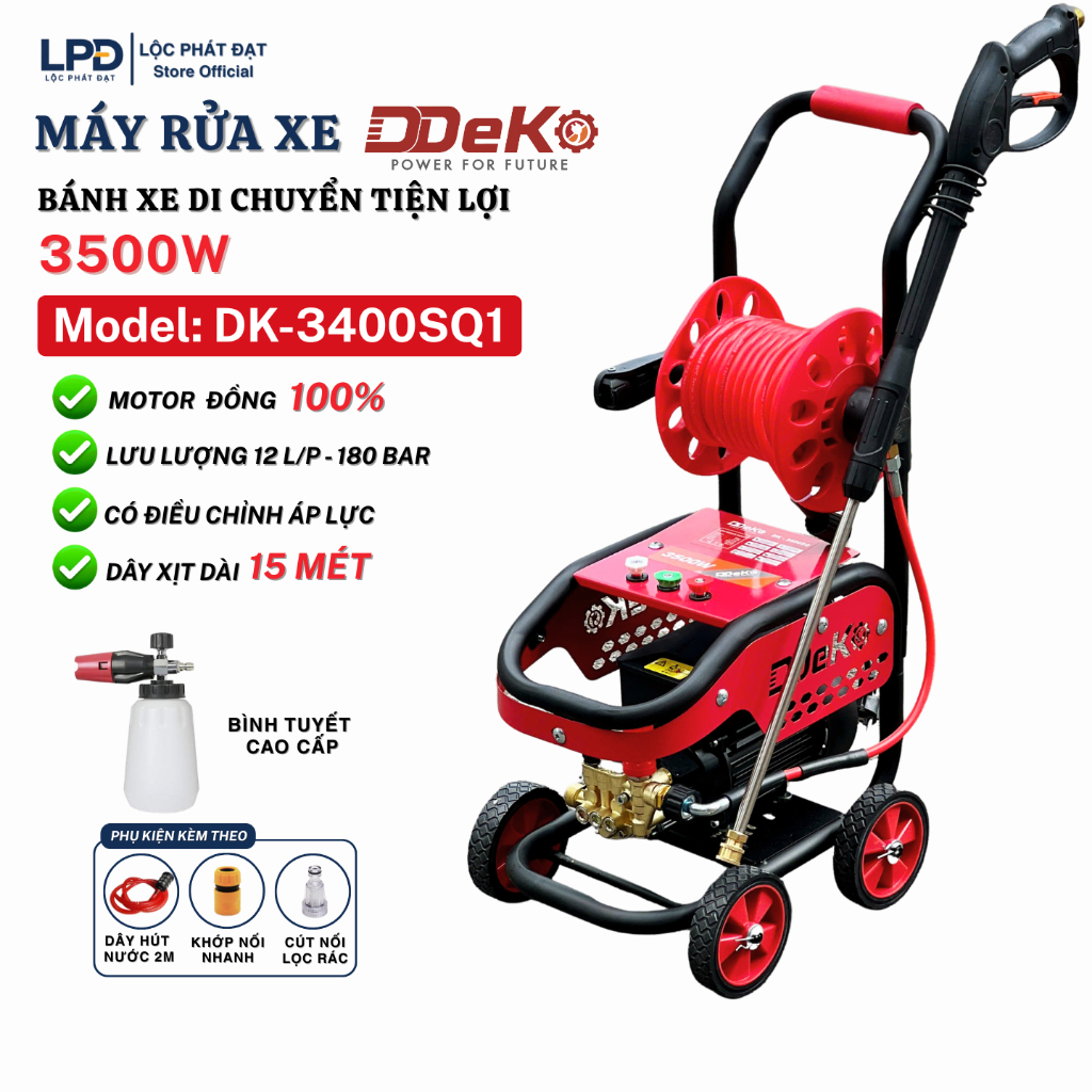 Máy Rửa Xe 4 Bánh Xe Đẩy DEKO DK-3400SQ1, Lõi Đồng 100% Lưu lượng 12L/phút, Rulô cuộn dây dài 15M