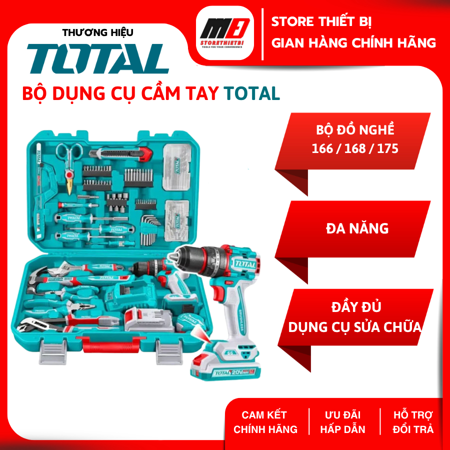 Bộ Dụng Cụ Cầm Tay TOTAL THKTHP41667 – Bộ Đồ Nghề Gia Đình, Sửa Chữa, Khoan Pin 20V, 166/168/175 Chi Tiết