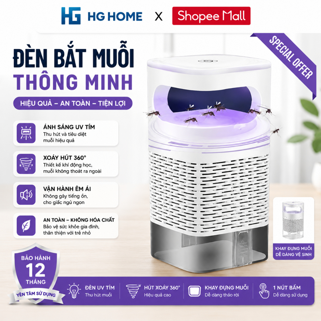 Đèn Bắt Muỗi HGHOME Diệt Côn Trùng Công Nghệ Cao - Máy Bắt Mỗi Kiêm Đèn Ngủ Có Cổng Sạc USB (V)