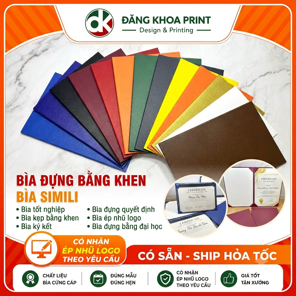 Bìa  cứng decal simili kẹp bằng khen - Bìa trình ký - Bìa đựng giấy khen A4 chất bìa decal simili. Có nhận ép nhũ logo