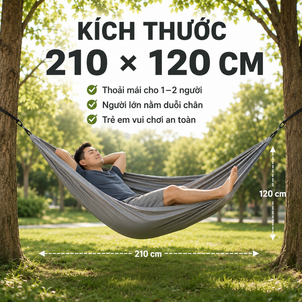 Võng Dù Nilon Khổ 1m2 x 2m1 -Võng Dù Gấp Gọn Siêu Nhẹ Thoáng Mát Đi Phượt, Cắm Trại dã ngoại, Tài Xế