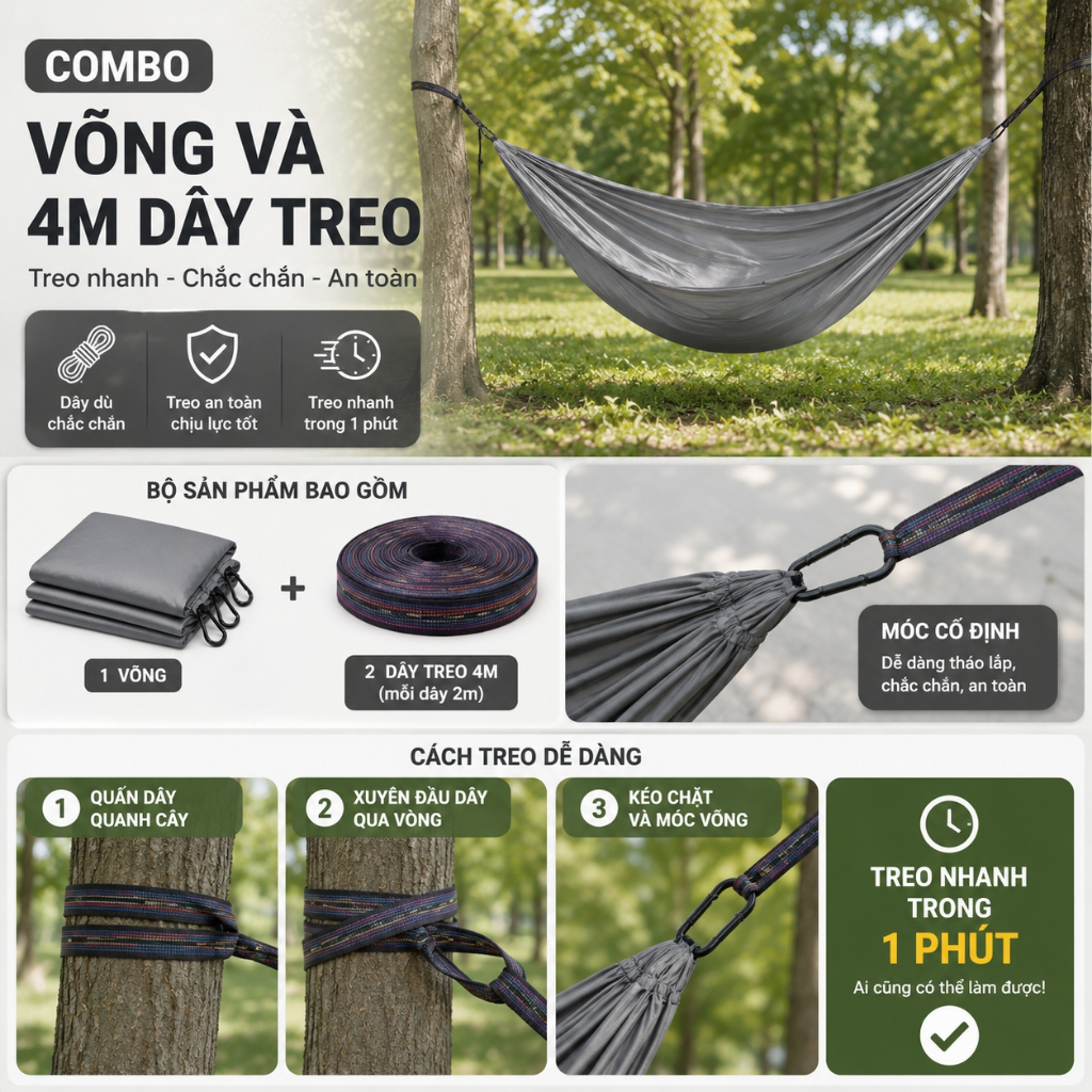 Võng Dù Nilon Khổ 1m2 x 2m1 -Võng Dù Gấp Gọn Siêu Nhẹ Thoáng Mát Đi Phượt, Cắm Trại dã ngoại, Tài Xế