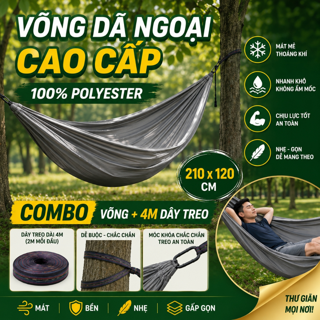Võng Dù Nilon Khổ 1m2 x 2m1 -Võng Dù Gấp Gọn Siêu Nhẹ Thoáng Mát Đi Phượt, Cắm Trại dã ngoại, Tài Xế