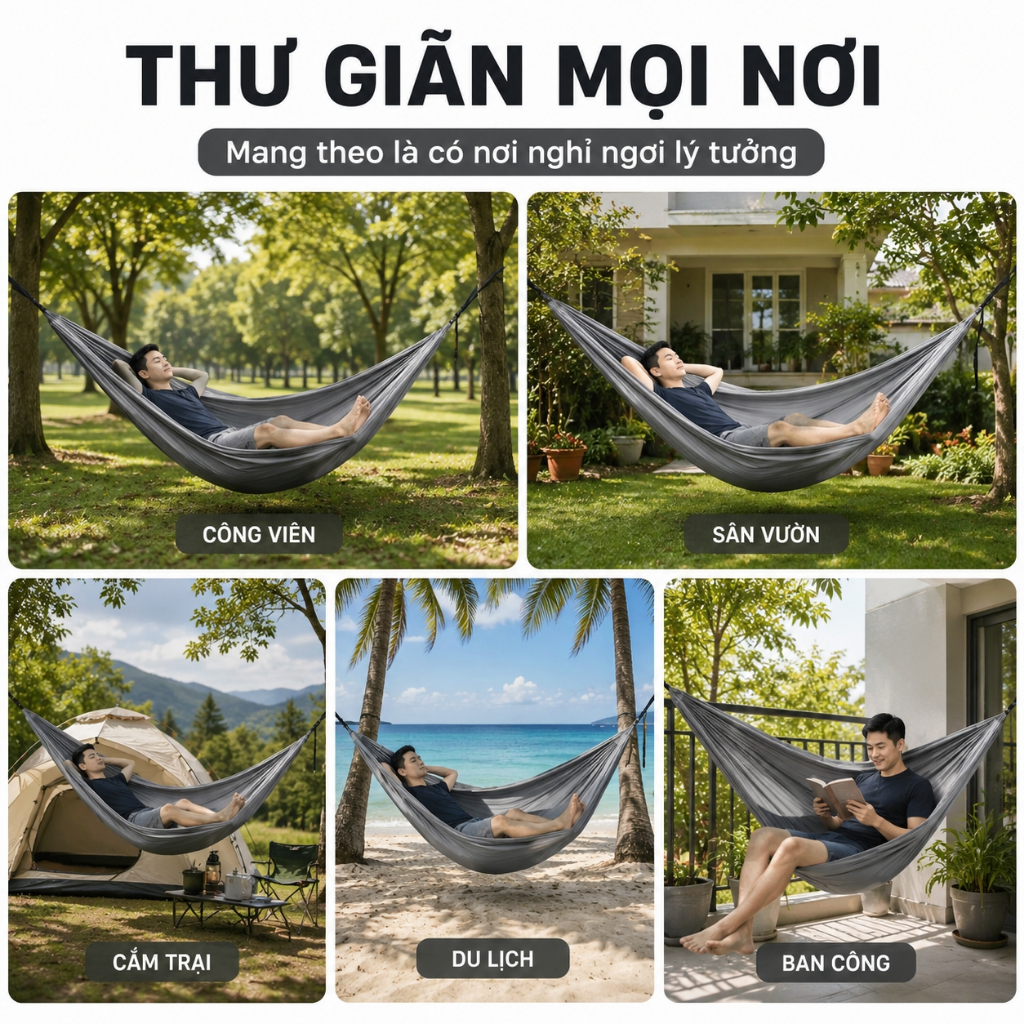 Võng Dù Nilon Khổ 1m2 x 2m1 -Võng Dù Gấp Gọn Siêu Nhẹ Thoáng Mát Đi Phượt, Cắm Trại dã ngoại, Tài Xế