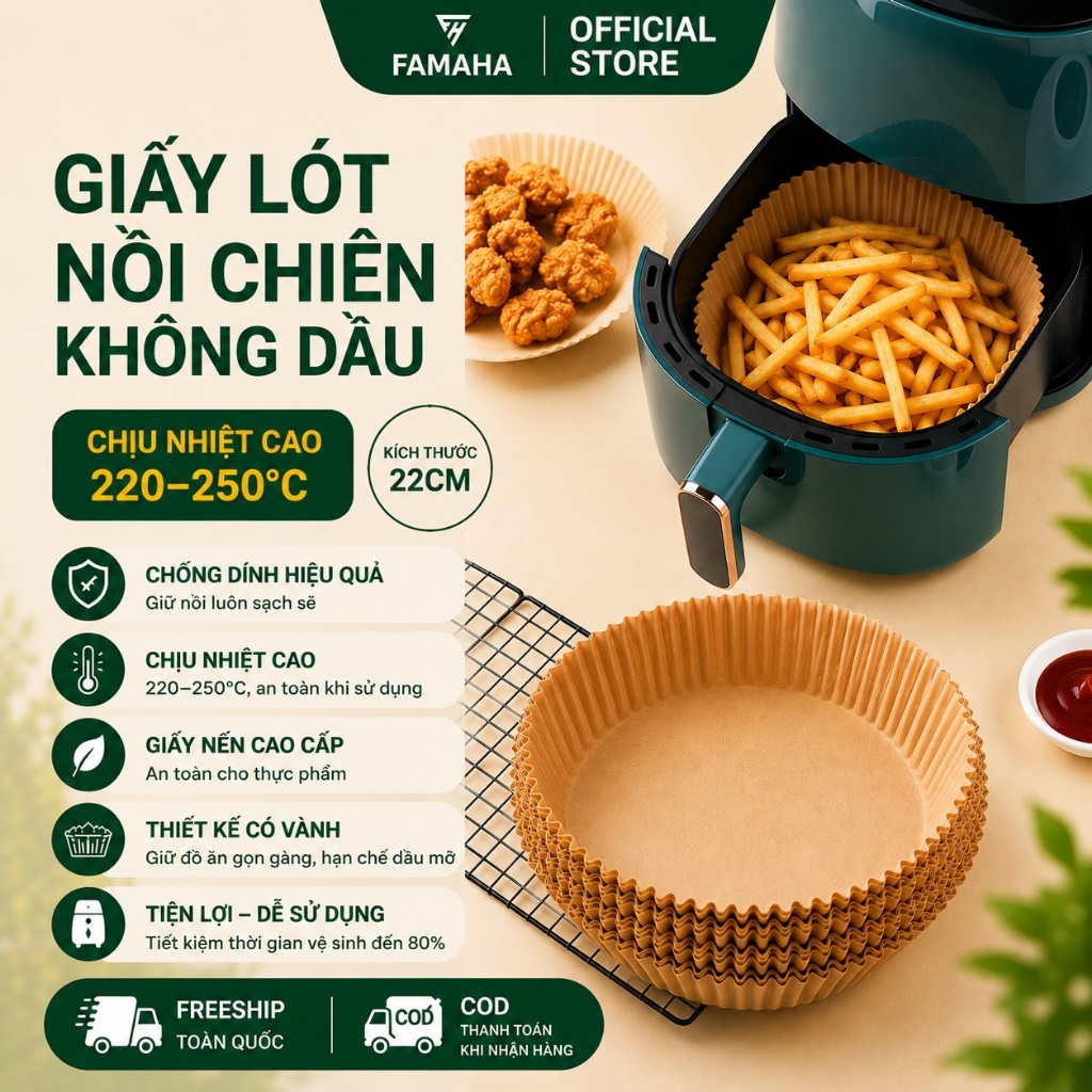 Giấy lót nồi chiên không dầu FAMAHA chống dính, chịu nhiệt, giữ nồi sạch, dùng nấu nướng tiện lợi