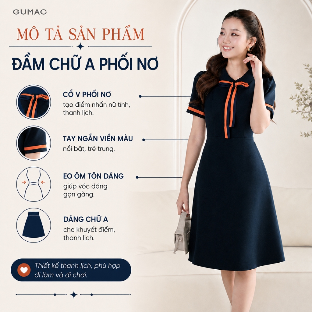 Đầm Nữ Dáng A Xòe GUMAC Nẹp Tay Phối Nơ Cổ Thanh Lịch Thiết Kế Công Sở Đi Chơi Dạo Phố LDE0614