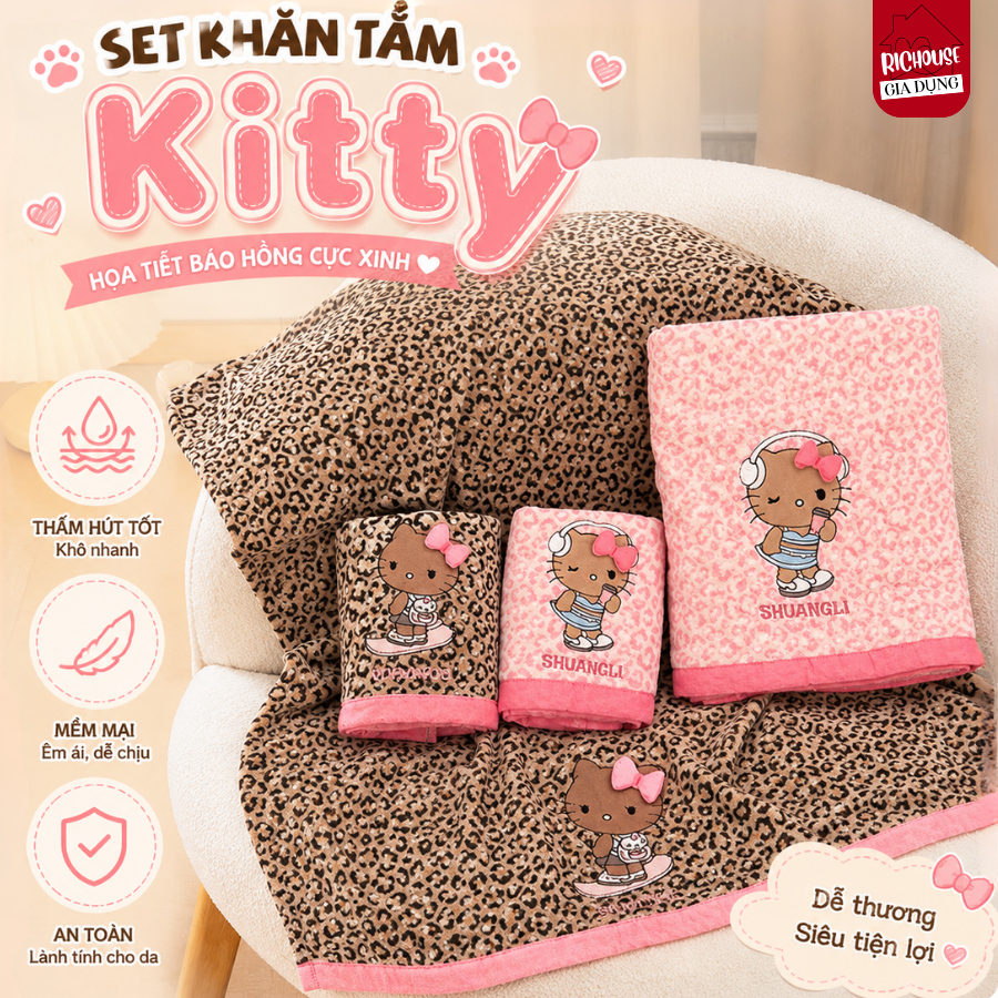 Khăn Tắm Cotton Kháng Khuẩn Cao Cấp Thêu Hello Kitty, Khăn Tắm Siêu Thấm Hút, Mềm Mịn