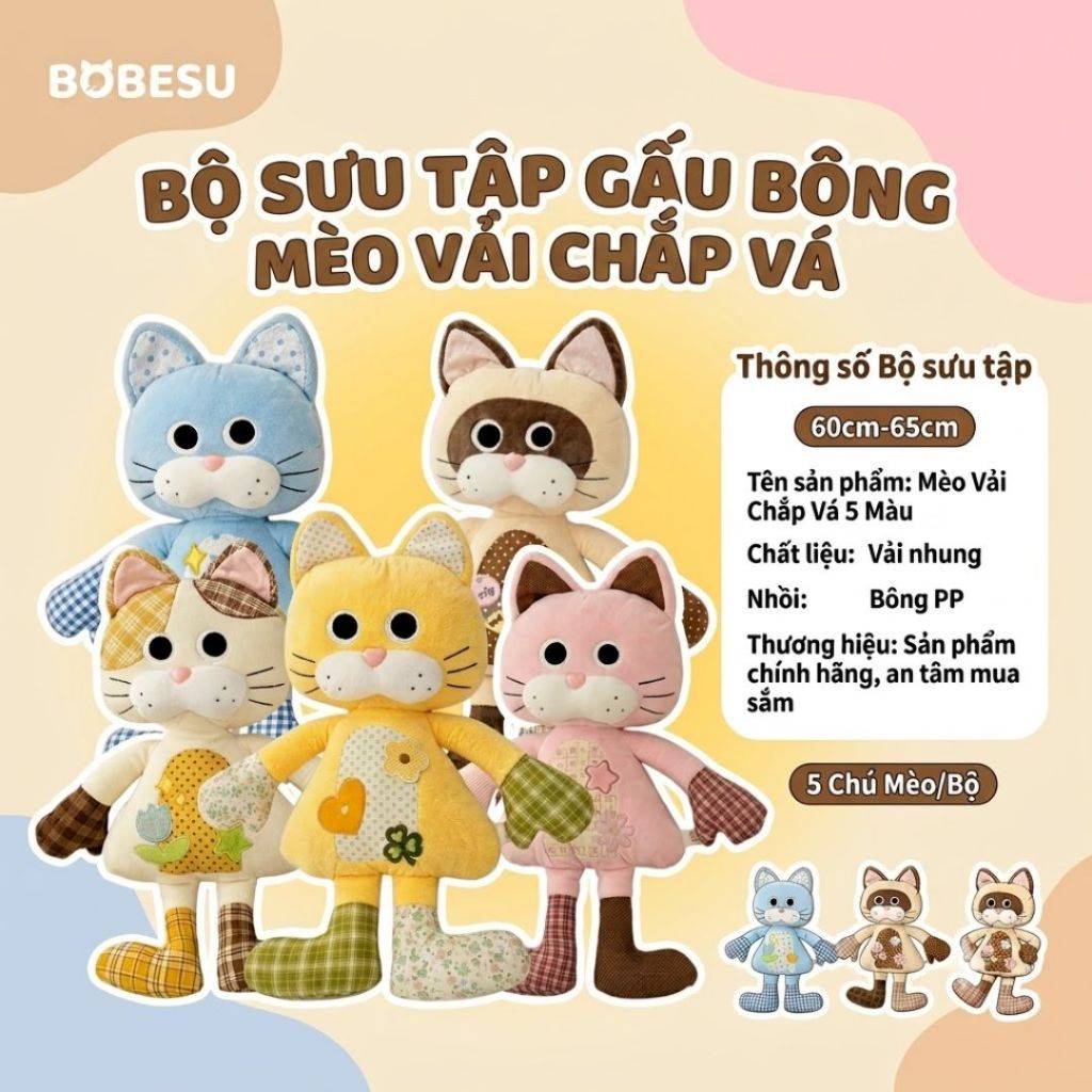 Gấu Bông Mèo Vải Chắp Vá Bụng Họa Tiết Độc Đáo, Gối Ôm Mèo Bông Hoạt Hình Mới Lạ Quà Tặng Cho Bé,Người Yêu
