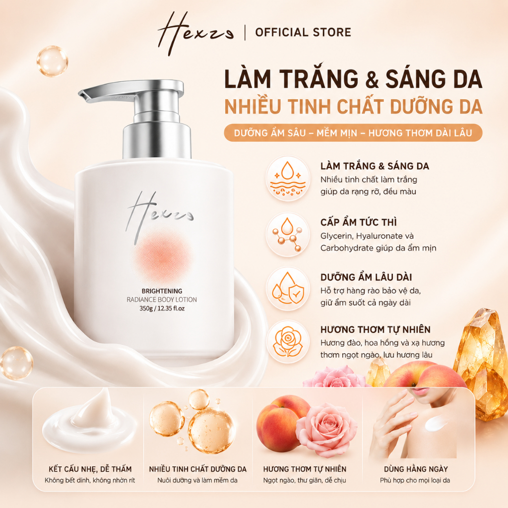 Sữa dưỡng thể  sáng da HEXZE 350g, dưỡng ẩm, dưỡng sáng, không bết dính hương thơm tự nhiên