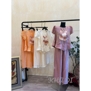 Sét áo lục cộc tay thêu Thỏ cam vạt nhọn + quần xuông lụa