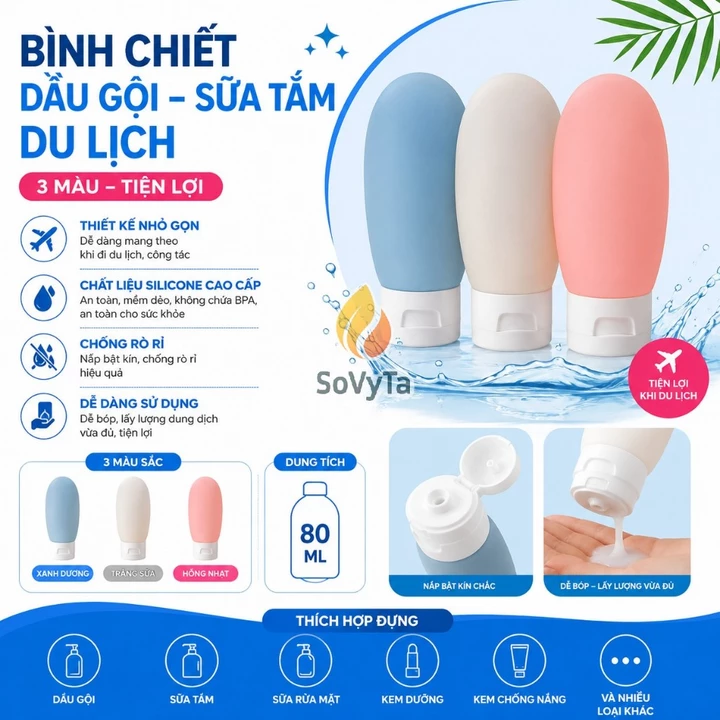 Lọ chiết dầu gội sữa tắm mỹ phẩm đi du lịch-Bộ chiết mỹ phẩm 3 món-Chai chiết silicone,chiết mỹ phẩm du lịch đựng dầu gộ