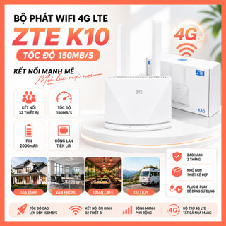 Router Phát WiFi 4G LTE ZTE K10 – Tốc Độ 150Mbps – Pin 2000mAh – Kết Nối 32 Thiết Bị – Có Cổng LAN