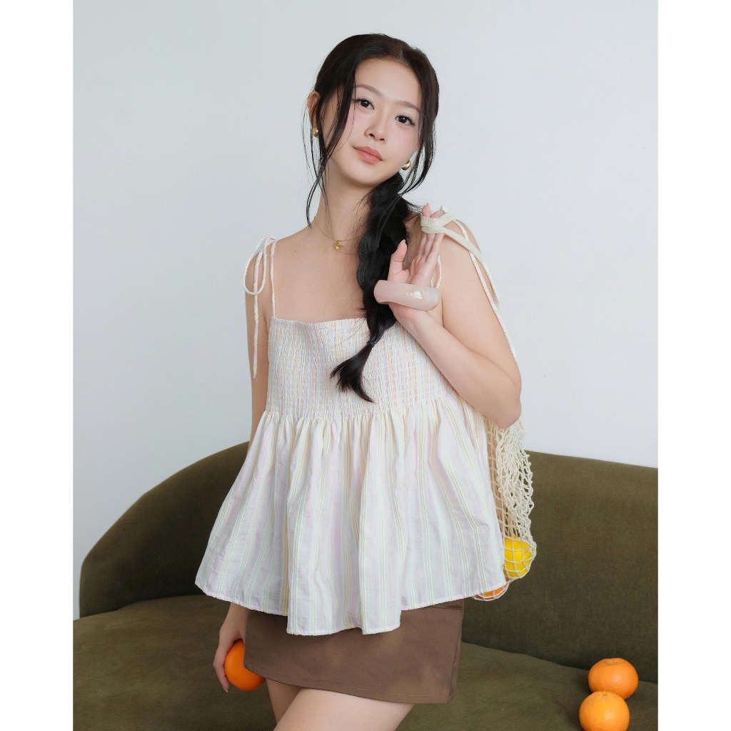 SECODEE Áo Hai Dây Babydoll Điều Chỉnh Độ Dài Phối Chun YAWNI Áo Dây  Họa Tiết Sọc FSBA2605069