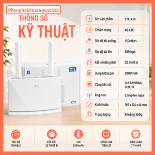 Router Phát WiFi 4G LTE ZTE K10 – Tốc Độ 150Mbps – Pin 2000mAh – Kết Nối 32 Thiết Bị – Có Cổng LAN