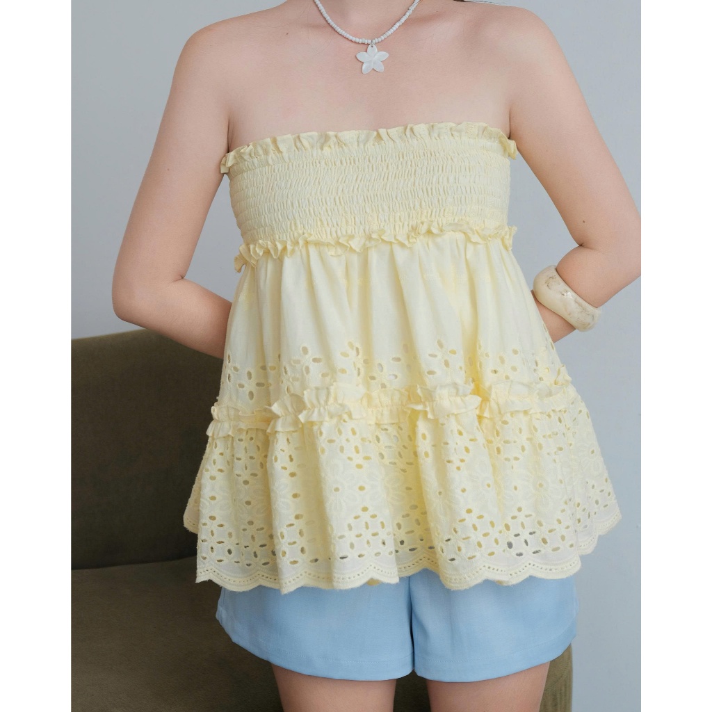 SECODEE Áo Babydoll Bo Chun Ngực Vải Boi Ren Tinh Tế WEITY Áo Kiểu Nữ Dáng Thoáng Mát FSBA2605122