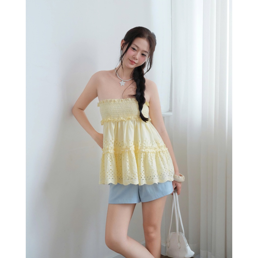SECODEE Áo Babydoll Bo Chun Ngực Vải Boi Ren Tinh Tế WEITY Áo Kiểu Nữ Dáng Thoáng Mát FSBA2605122