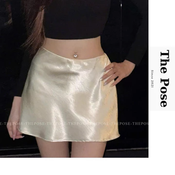 CHÂN VÁY LỤA NGẮN có quần trong, chân váy lụa form ngắn chất lụa mịn ánh kim hottrend may 2 lớp, 3 Size S M L - THE POSE