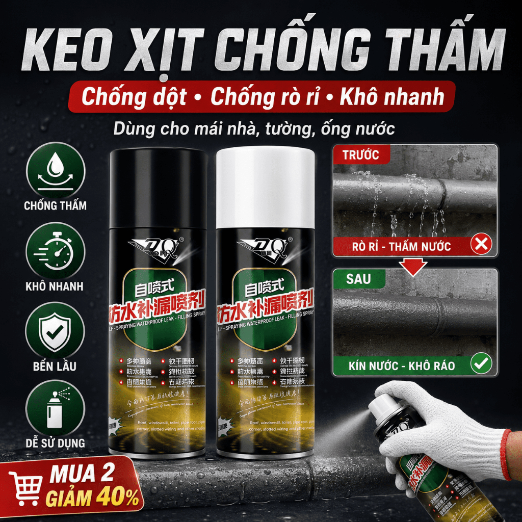 Keo Xịt Chống Thấm 450ml｜Hỗ Trợ Chống Dột Mái Nhà, Tường, Khe Nứt Và Rò Rỉ Ống Nước｜Khô Nhanh, Dễ Sử Dụng