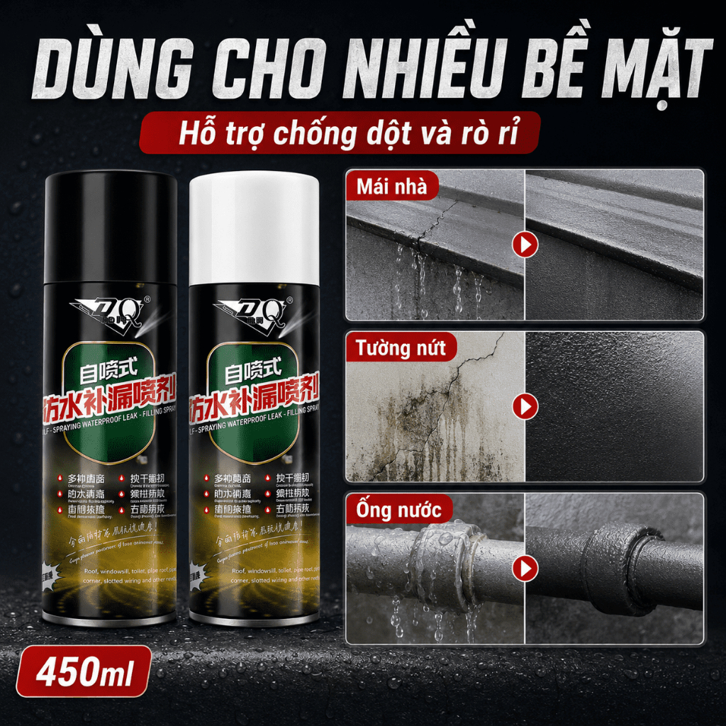 Keo Xịt Chống Thấm 450ml｜Hỗ Trợ Chống Dột Mái Nhà, Tường, Khe Nứt Và Rò Rỉ Ống Nước｜Khô Nhanh, Dễ Sử Dụng