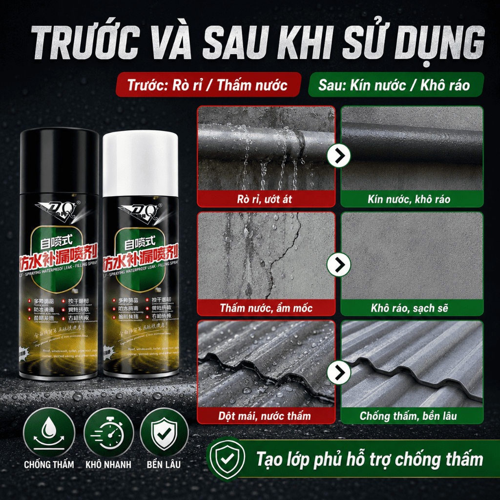 Keo Xịt Chống Thấm 450ml｜Hỗ Trợ Chống Dột Mái Nhà, Tường, Khe Nứt Và Rò Rỉ Ống Nước｜Khô Nhanh, Dễ Sử Dụng