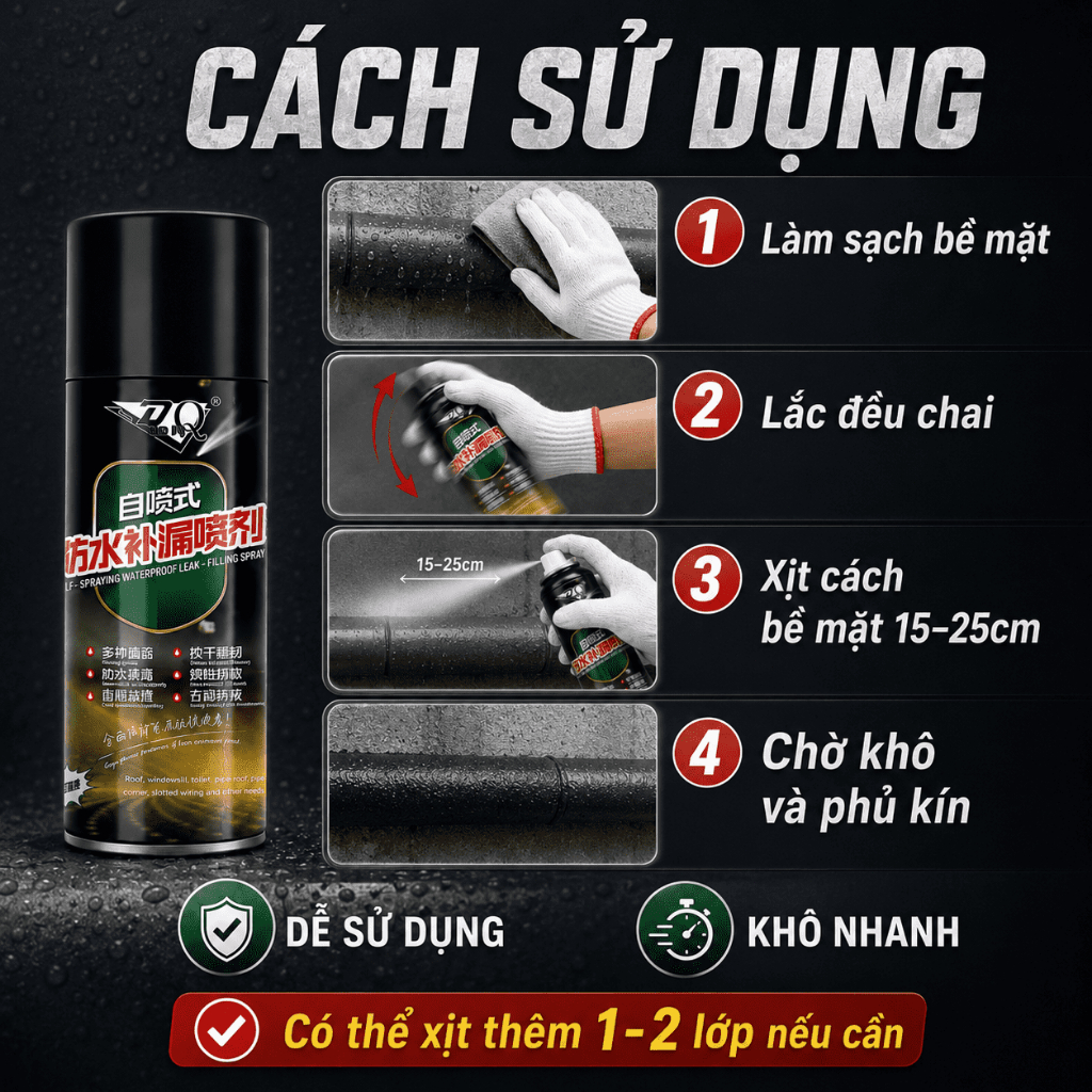 Keo Xịt Chống Thấm 450ml｜Hỗ Trợ Chống Dột Mái Nhà, Tường, Khe Nứt Và Rò Rỉ Ống Nước｜Khô Nhanh, Dễ Sử Dụng