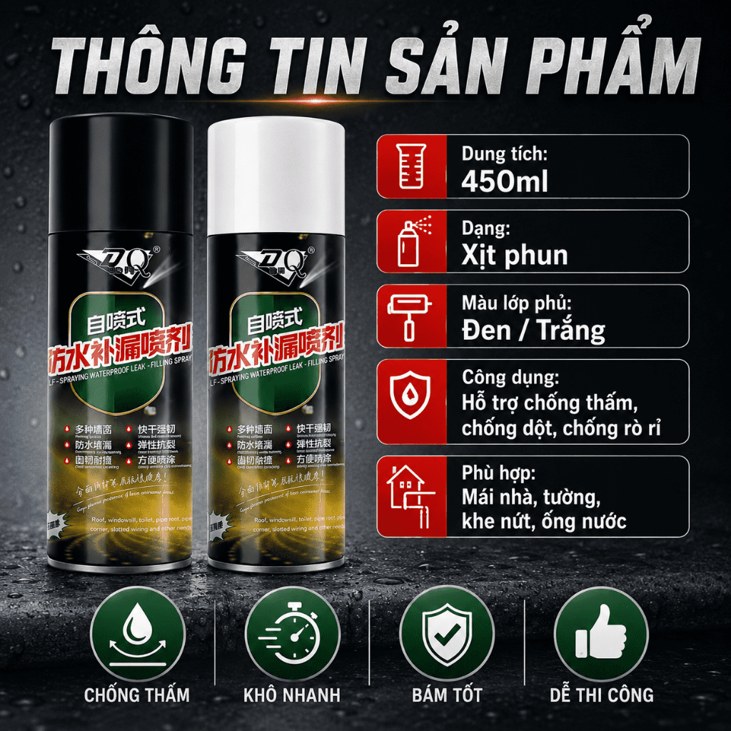 Keo Xịt Chống Thấm 450ml｜Hỗ Trợ Chống Dột Mái Nhà, Tường, Khe Nứt Và Rò Rỉ Ống Nước｜Khô Nhanh, Dễ Sử Dụng
