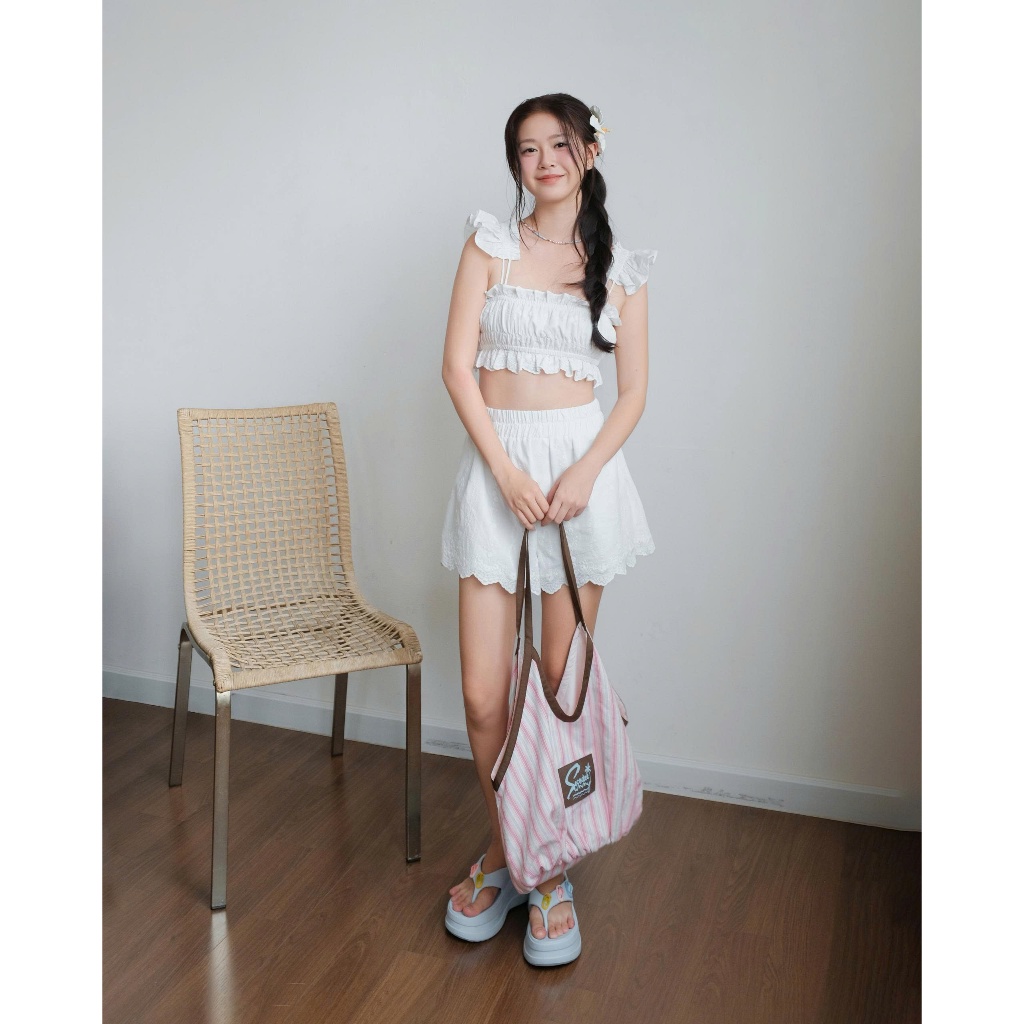 SECODEE Set Áo Croptop Thun Ngực Và Quần Short WAGEL Set Áo Cánh Tiên Phối Quần Thun FSBA2605114