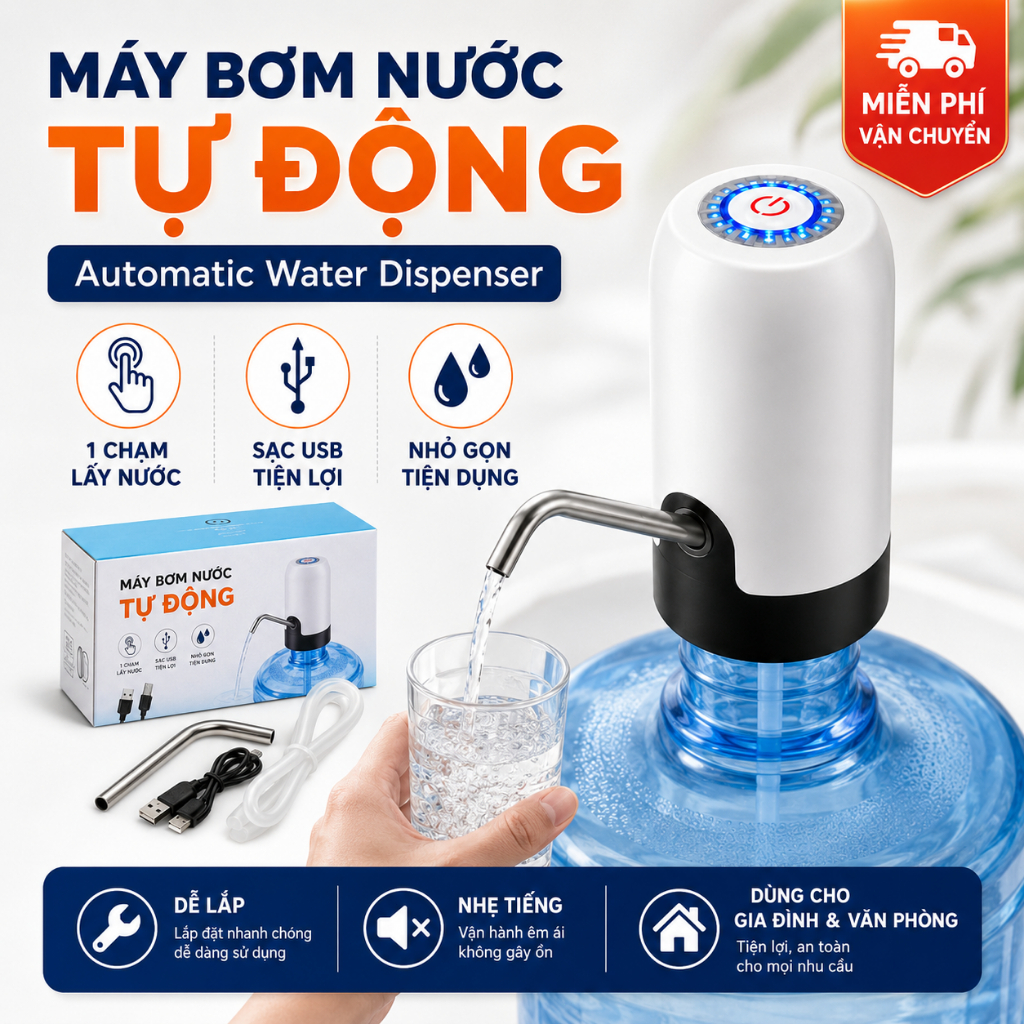 Máy Bơm Nước Uống Tự Động Cho Bình 4.5L-18.9L | Sạc USB | Không Dây | 1 Chạm Lấy Nước
