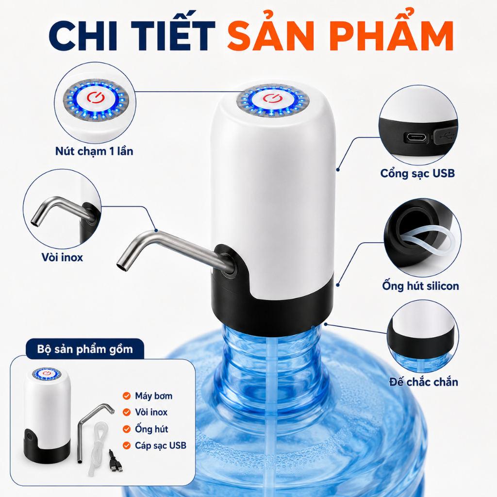 Máy Bơm Nước Uống Tự Động Cho Bình 4.5L-18.9L | Sạc USB | Không Dây | 1 Chạm Lấy Nước