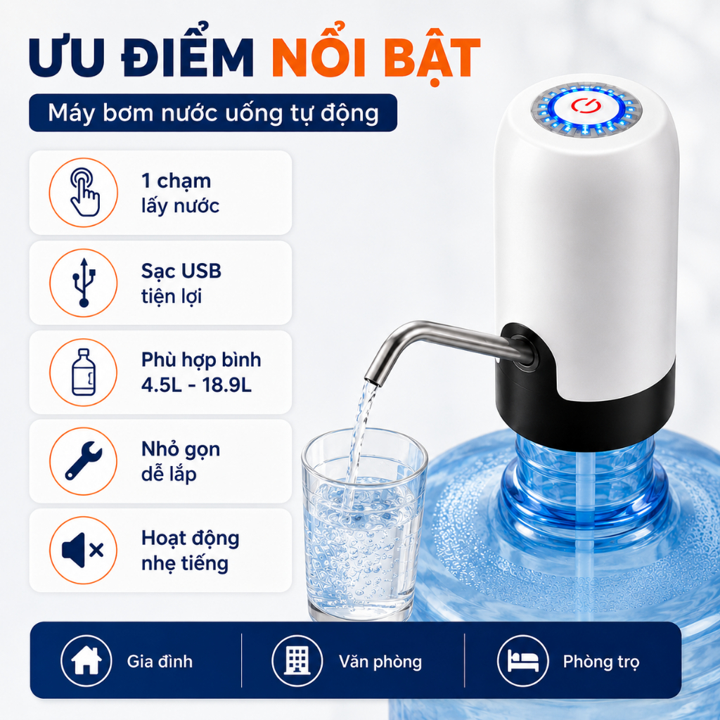 Máy Bơm Nước Uống Tự Động Cho Bình 4.5L-18.9L | Sạc USB | Không Dây | 1 Chạm Lấy Nước
