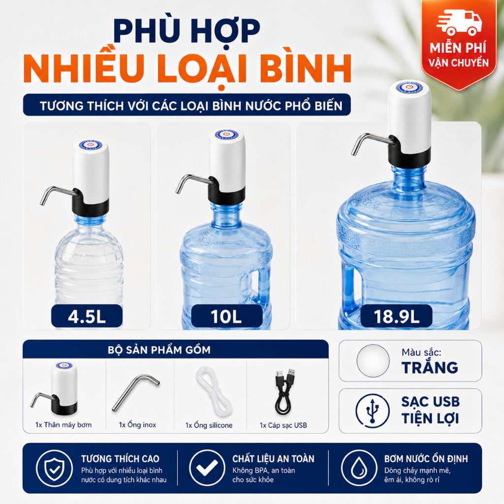 Máy Bơm Nước Uống Tự Động Cho Bình 4.5L-18.9L | Sạc USB | Không Dây | 1 Chạm Lấy Nước