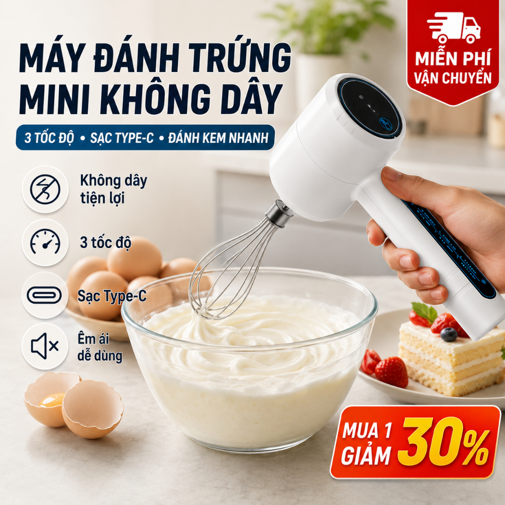 Máy Đánh Trứng Cầm Tay Không Dây | Máy Đánh Kem Mini Sạc Type-C | 3 Tốc Độ, 2 Đầu Đánh